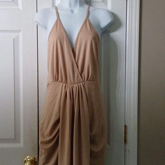 Tan nude color spaghetti cross over straps pleated front dress Sz XL EUC - Picture 3 of 8